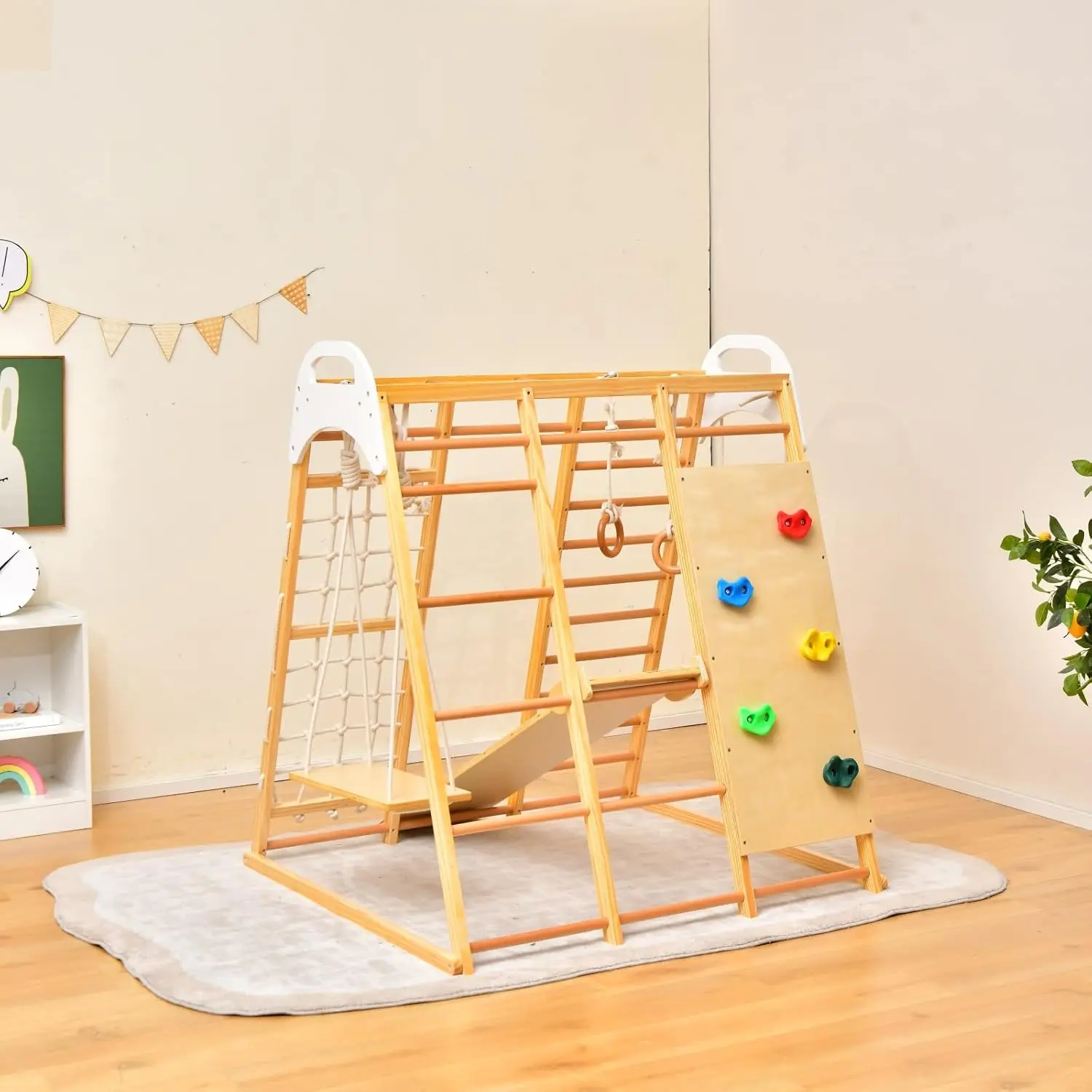 Indoor Jungle Gym, 8-in-1 Montessori Climbing Toys for Toddlers with Slide, Climbing Rock/Net, Monkey Bars, Indoor Wooden Playgr