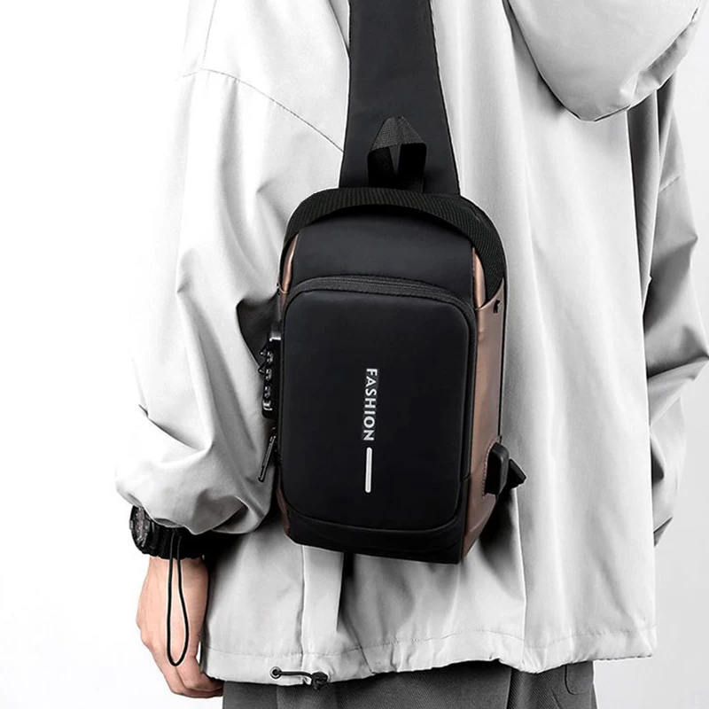Diebstahlsichere Brusttasche für Herren mit Zahlenschloss, USB-Ladeanschluss, wasserdicht, als Umhängetasche oder Schultertasche für den täglichen Gebrauch. – Detail 11