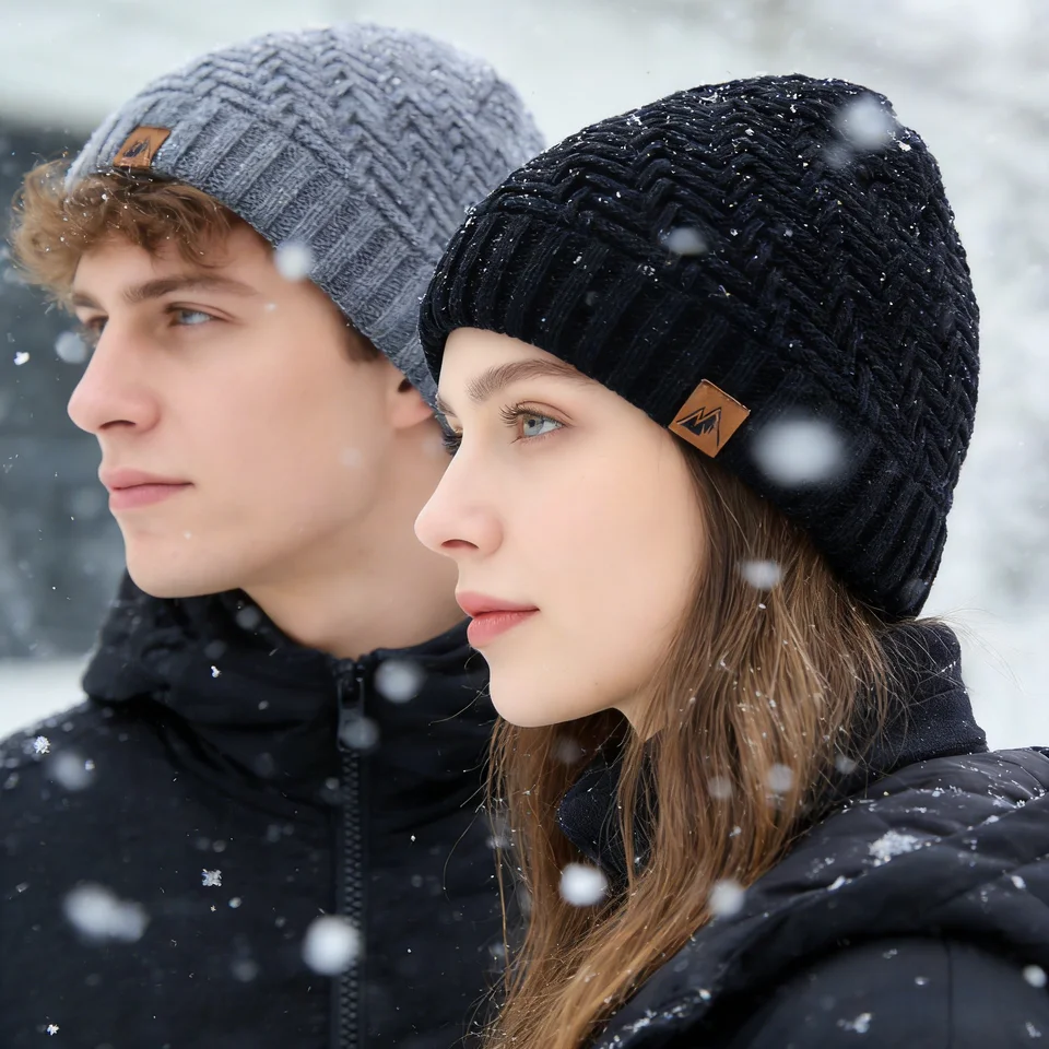Unisex Peak Labal Winter Hats Fashion Knitted Hats For Men And Women Beanie Cap Outdoor Plush Fur Lined Warm Sports Hats, image 2