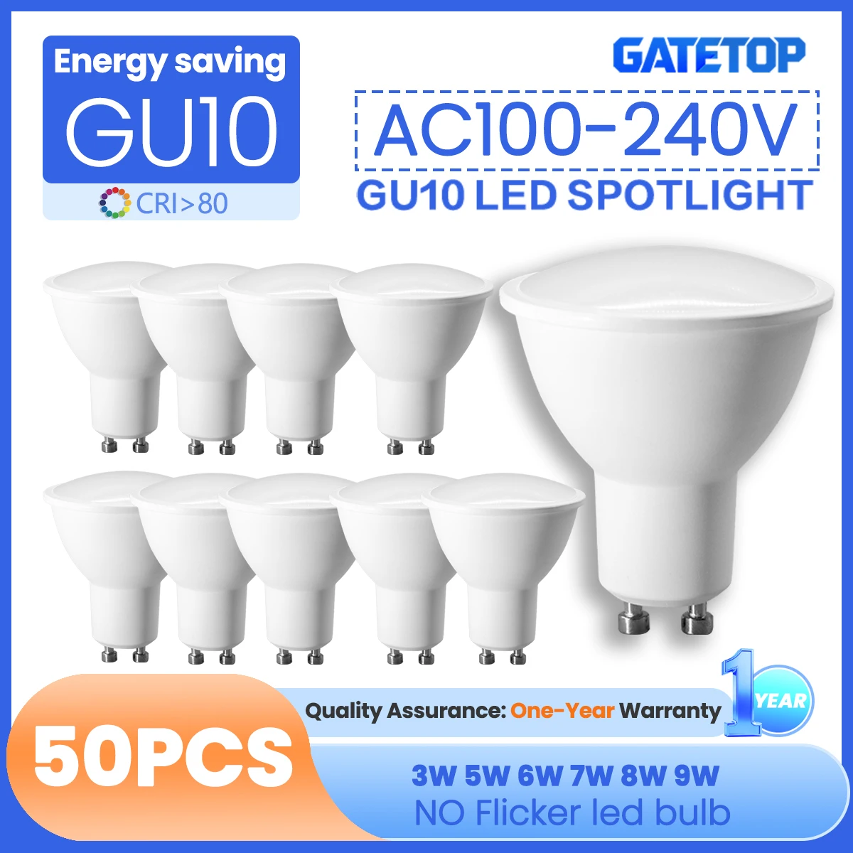 50PCS/lot Flicker-free LED Spot Light 3000K 4000K 6000K GU10 Bulb 3W 5W 6W 7W 8W 9W Ra80+ Warm Lighting for Home deroc lights