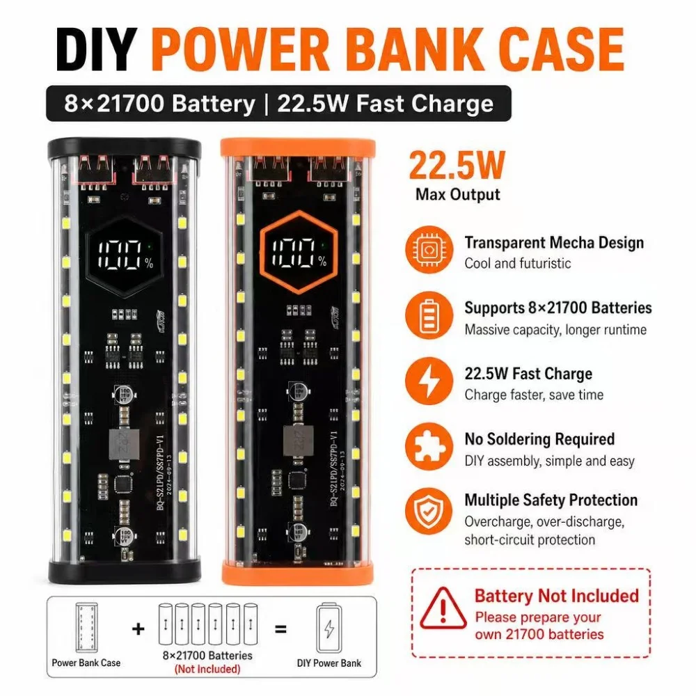 8*21700 Batteriegehäuse 22,5W Schnellladung DIY Batterie-Aufbewahrungsbox Lötfreies Powerbank-Gehäuse PD+ Blitzladung+ Schnellladung