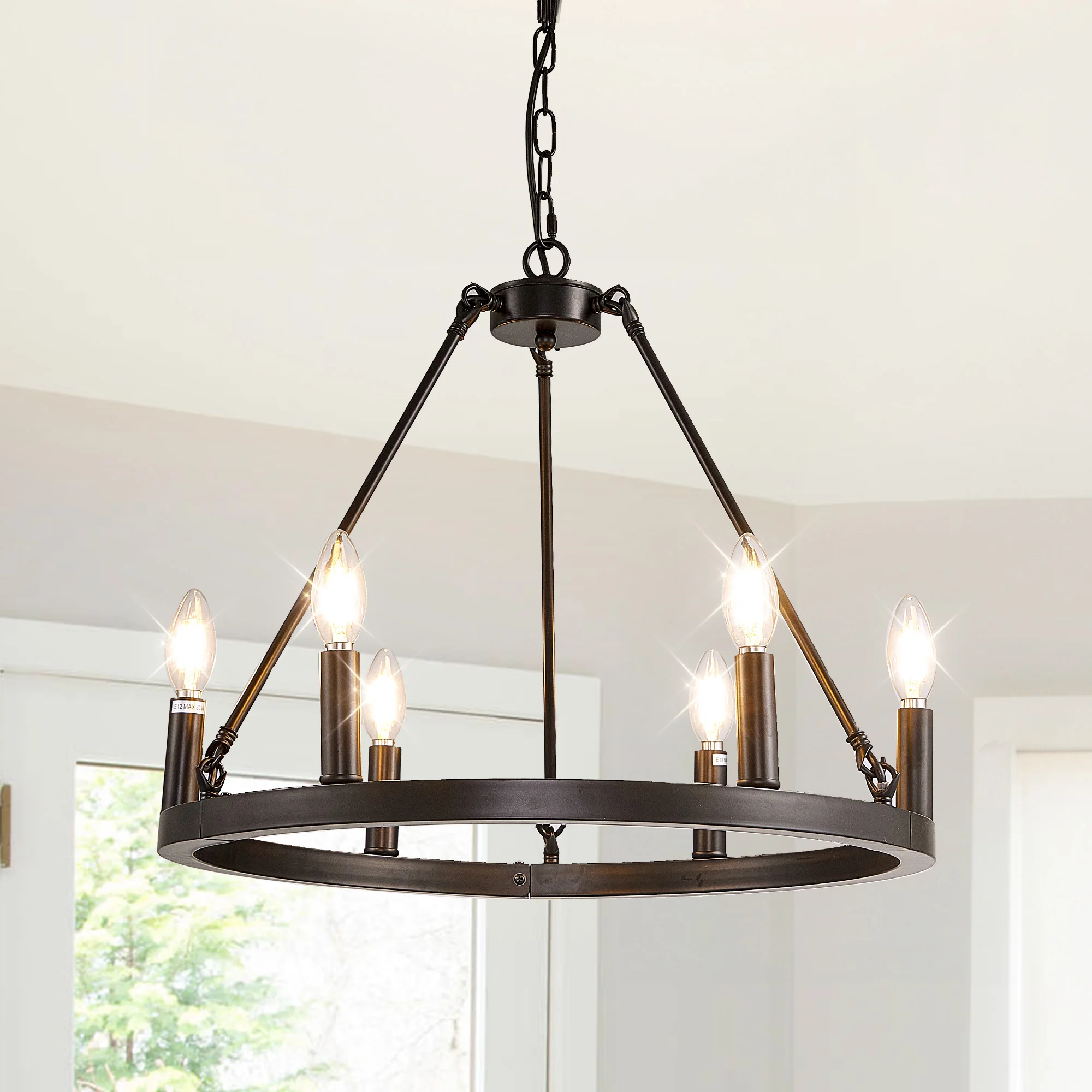 

6-Light Black Wagon Wheel Chandelier 20.65 inch Candle Pendant Light Modern Rustic Farmhouse Large Chandeliers for Living Room