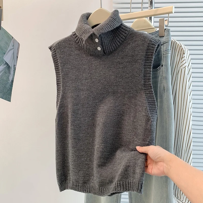 Women's High Collar Knitted Vest Early Autumn Winter Style Half Open Warm Inner Wear Faux Fur Versatile Fashionable Slim Fit