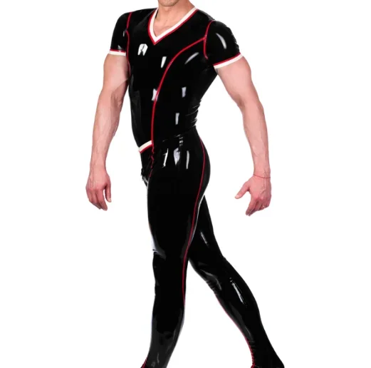 100% Gummi Latex Rot&Schwarz Kurzarm Bodysuit uniform Anzug Suit 0.4mm Zip Cosplay