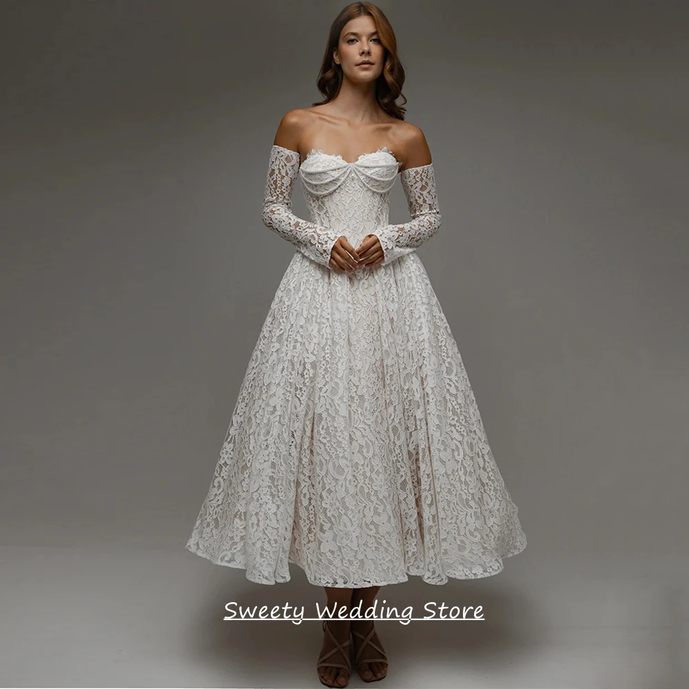 Customized Mid-calf Wedding Dress Country Bride Gown Sweetheart Detachable Long Sleeves Lace Pearls Corset Bridal Dresses