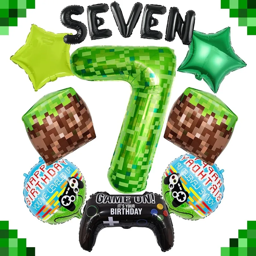 40 Inch Green Pixel Miner Number 7 Balloon Set 13Pcs Large MIning Foil Metallic Balloons Video Game Themed Party Decorations fo