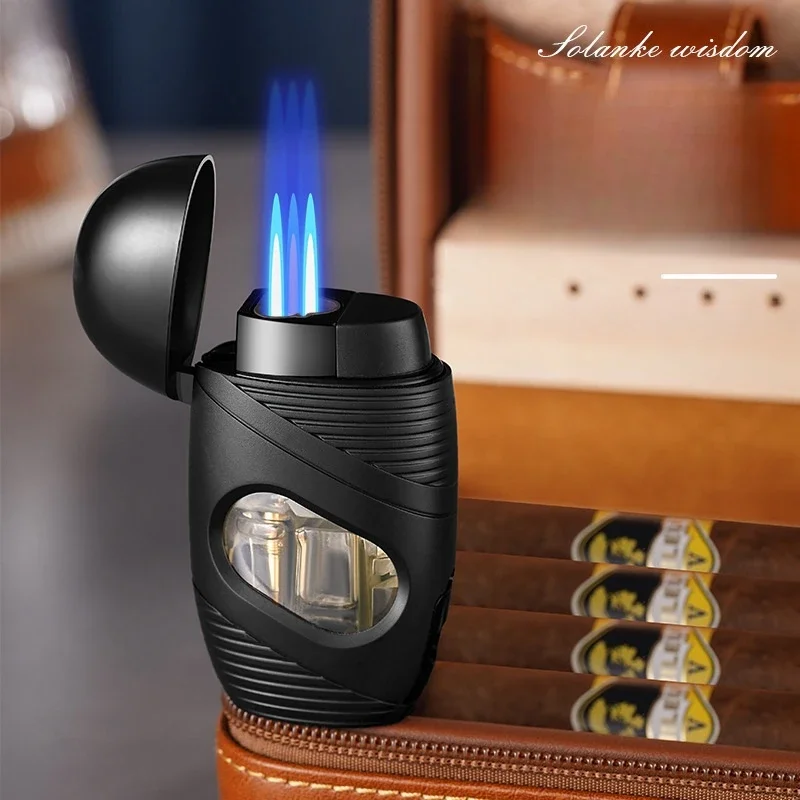 New Powerful 3 Jet Blue Flame Cigar Ligher Windproof Inflatable Gas Turbo Torch Lighter Kitchen Gas Stove Cigar Punch Tools Gift