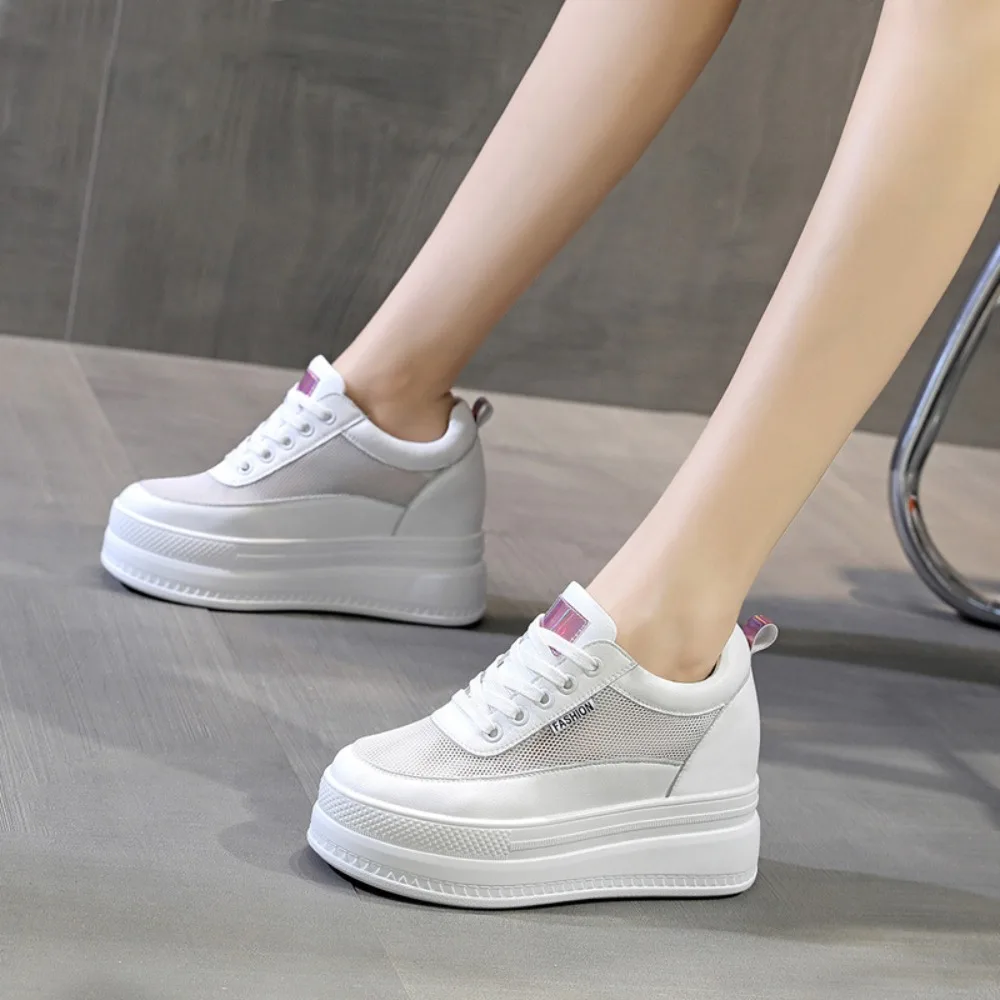Sneakers Women's New Four Season Thick Soled Inner Height Increase Leather Women's Shoes Mesh White Shoes Casual Sports Shoes image 6