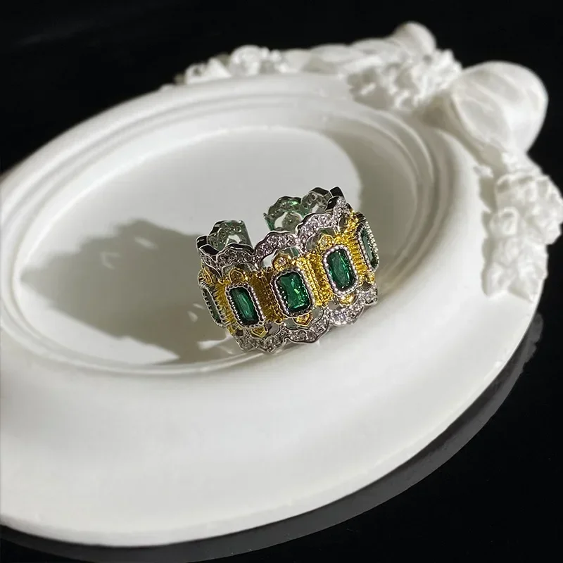 MDL Moissanite Style Wide Italian Vintage Court Emerald Ring Premium Feeling Woven Carved Gold Lace Open Ring