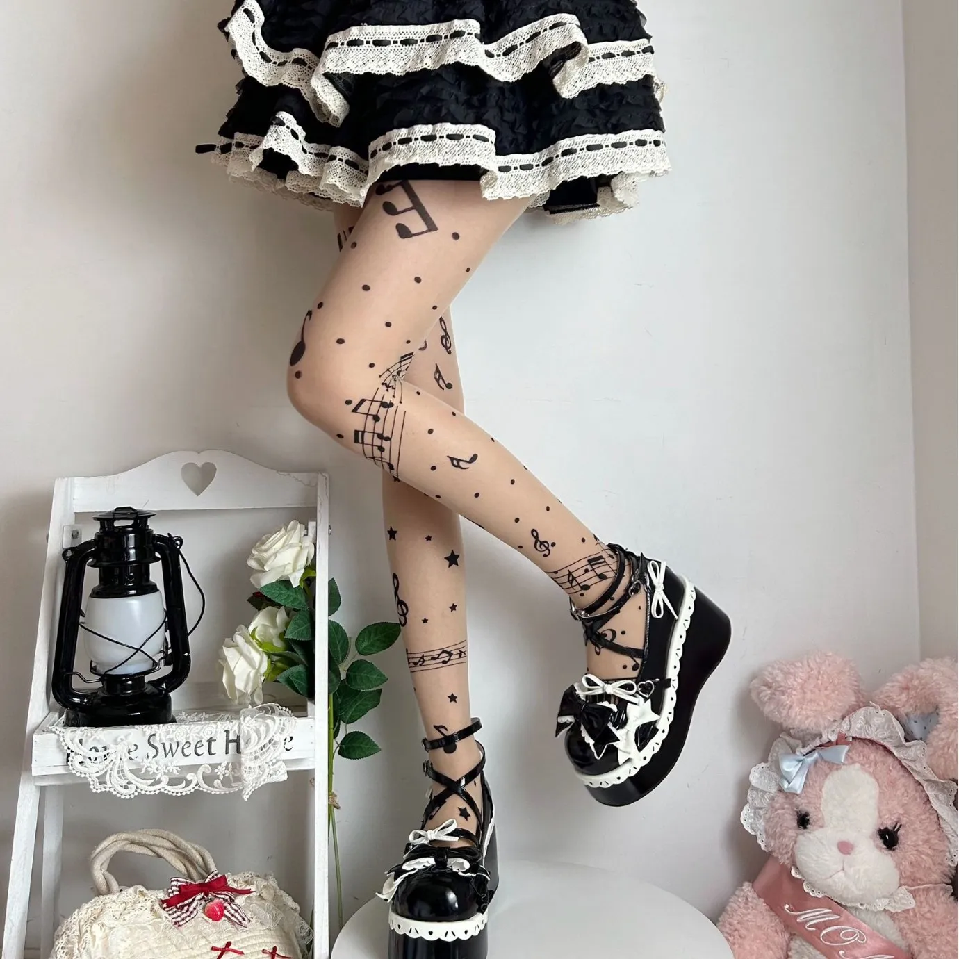 Summer Lovely Note Print Lolita Tights Hosiery Sweet Rock Personalized Thin High Elasticity Black Women's Pantyhose