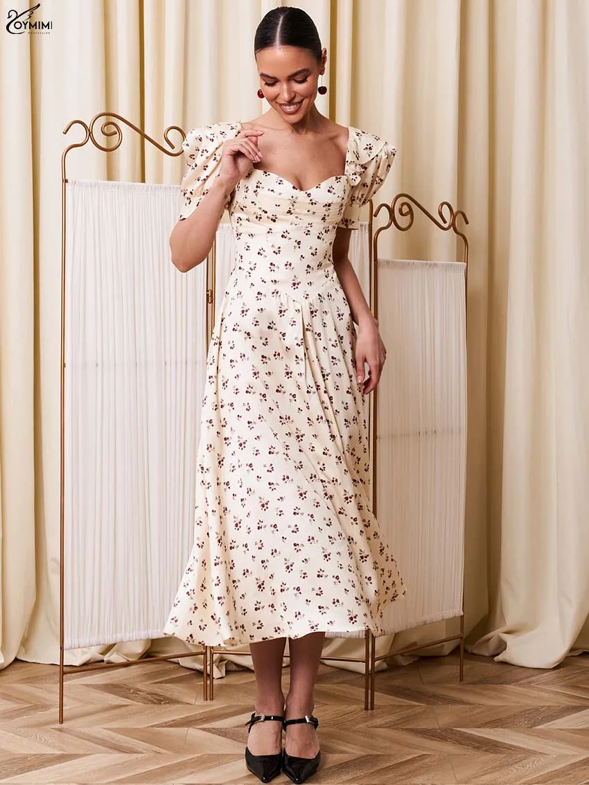 

Oymimi Fashion Yellow Satin Women's Dress Elegant Square Neck High Waisted Short Sleeve Dresses Casual Loose Mid-Calf Dresses