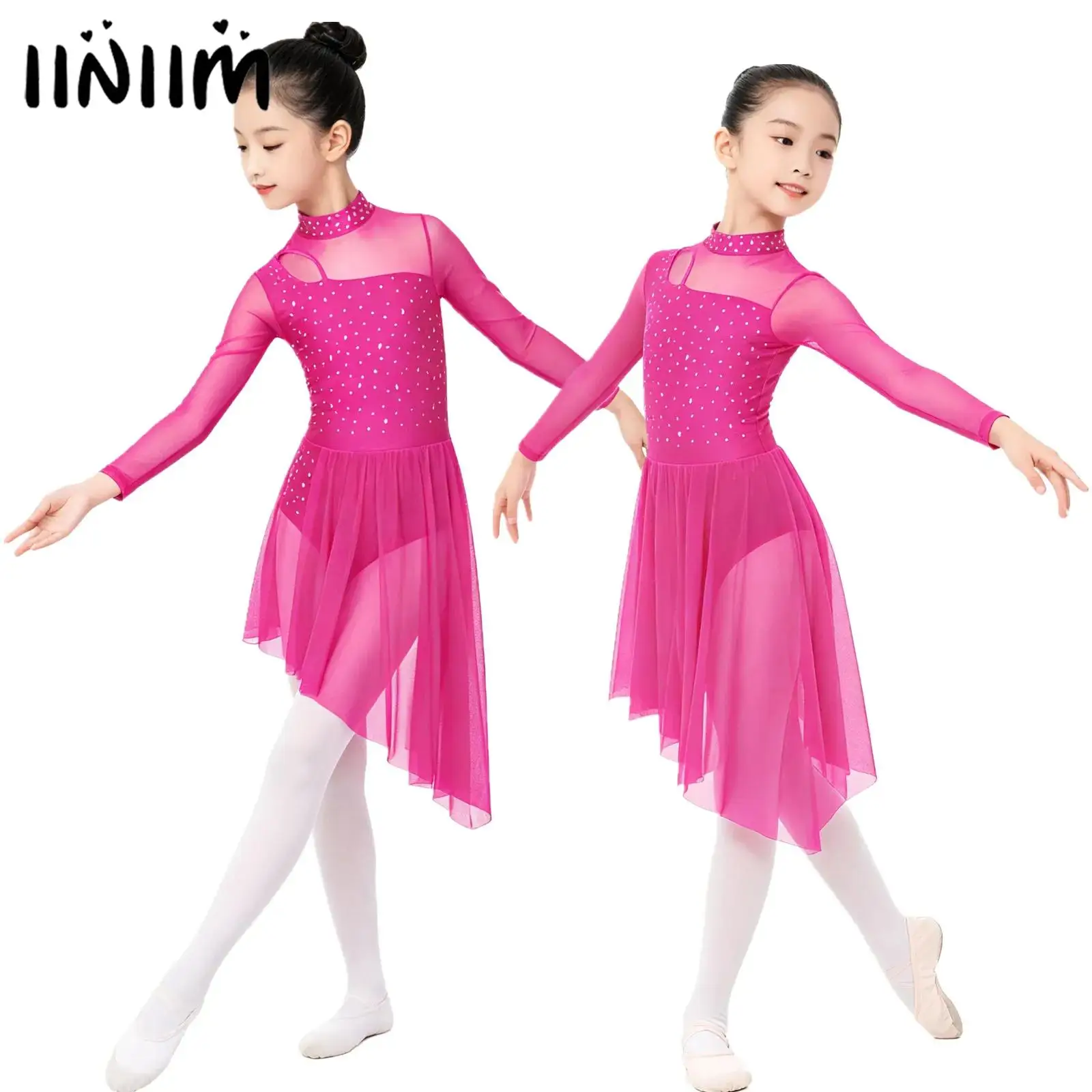 

Kids Girls Shiny Rhinestones Gymnastics Ballet Lyrical Dance Performance Costume Cutout Sheer Mesh Side Split Dress Dancewear