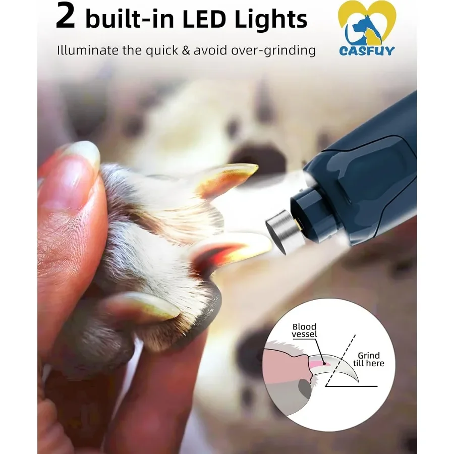Moedor de unhas elétrico recarregável silencioso de 45db e 6 velocidades com 2 luzes LED para cães e gatos grandes, médios e pequenos