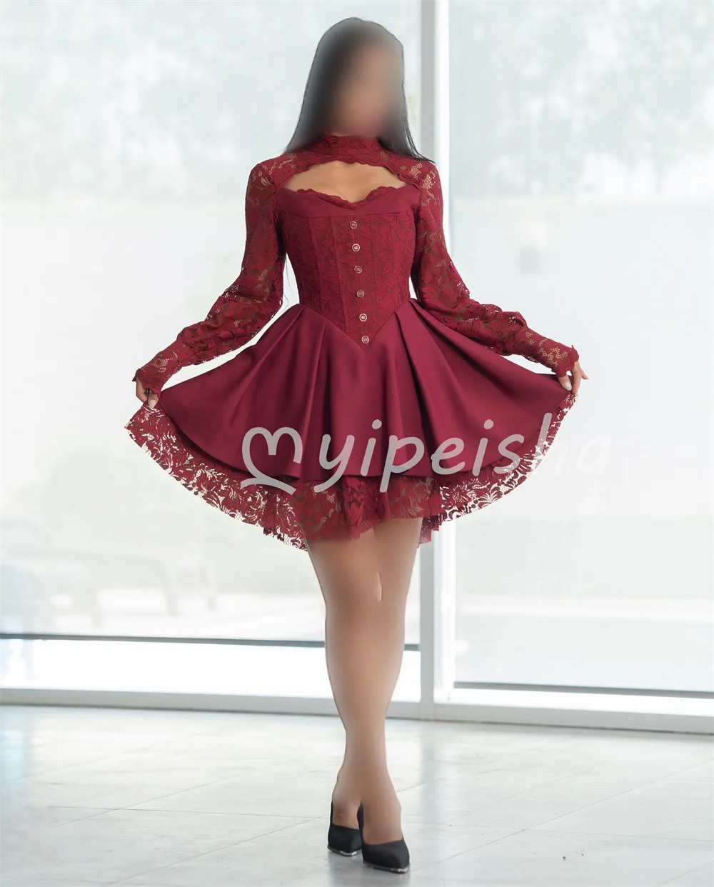 Classic Matching Beige Jersey Lace Tulle Button V-neck High Collar Short Dresses Evening Dresses For Birthday Party Customized