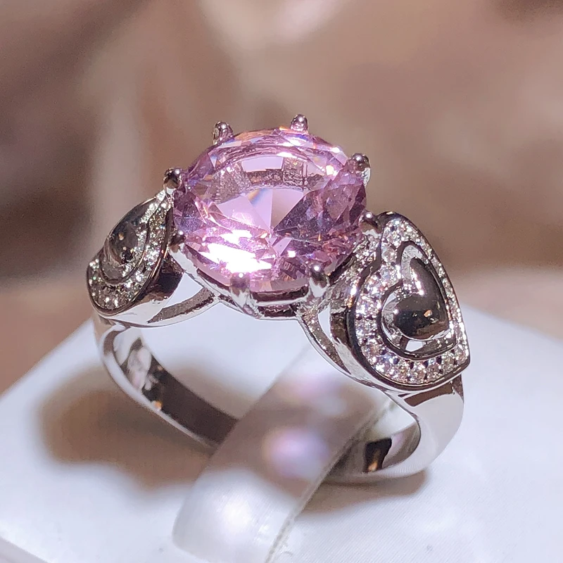 New Popular Love-shaped Pink Large Zircon Crystal Micro-set Ring Female Party Wedding Fashion Jewelry Gift