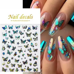 1pcs 3D Aurora Laser Butterfly Nail Art Stickers Shiny Holographic Butterflies Nail Decals 8*10cm Self-Adhesive Nail Decorations