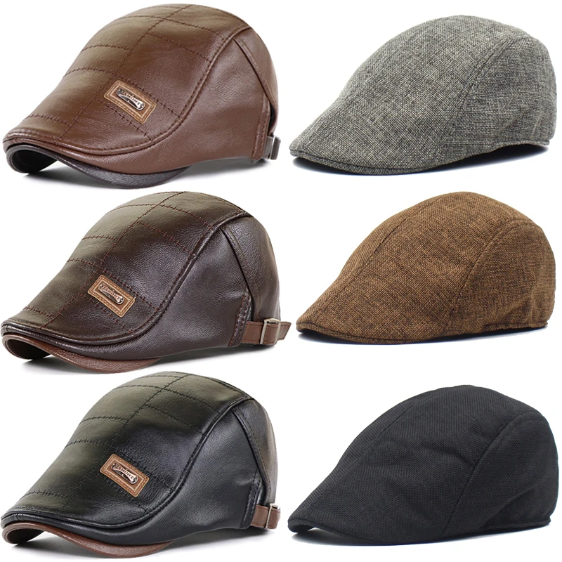 Men Fashion Retro PU Leather Beret Hats Spring Summer England Beret Hat Middle-aged Men\'s Visor Warm Flat Peaked Cap Adjustable