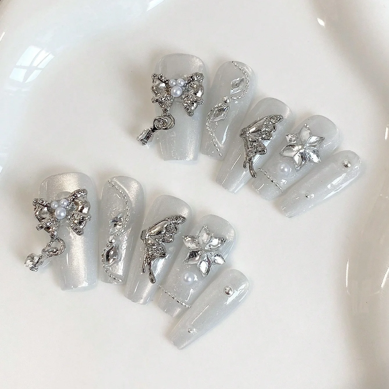 10pcs pure handmade coffin shaped nail art, fake nail art, transparent crystal butterfly nail art, suitable for women's use