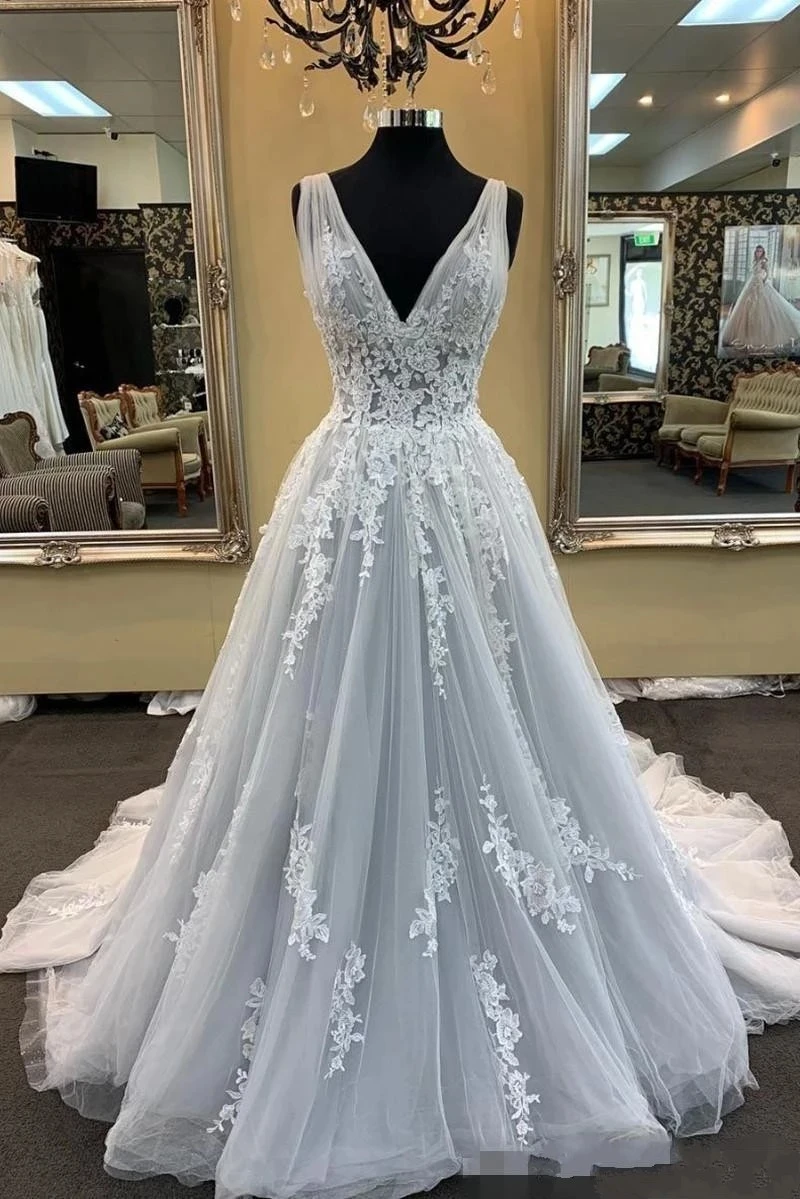 

ANGELSBRIDEP V-Neck Wedding Dresses Robe de mariee Silver Grey Style Tulle Applique Court Train Formal Weding Bride Gowns HOT