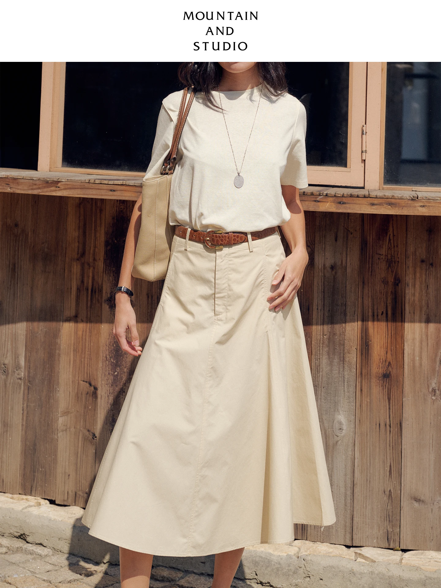 High Waist A-Line Skirt Vintage High Quality  Cotton Versatile Light Khaki Umbrella Shape Half-length Pocket Skirt