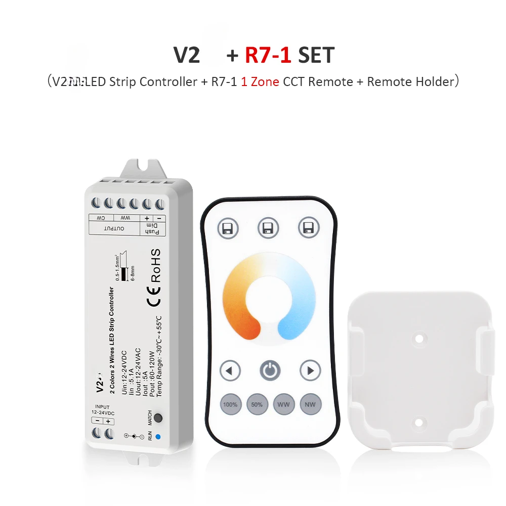 2-przewodowy kontroler LED CCT 12V 24V DC 1CH 5A Bezprzewodowy odbiornik RF 2.4G z podwójnym białym pilotem do świateł LED WW CW V2-S