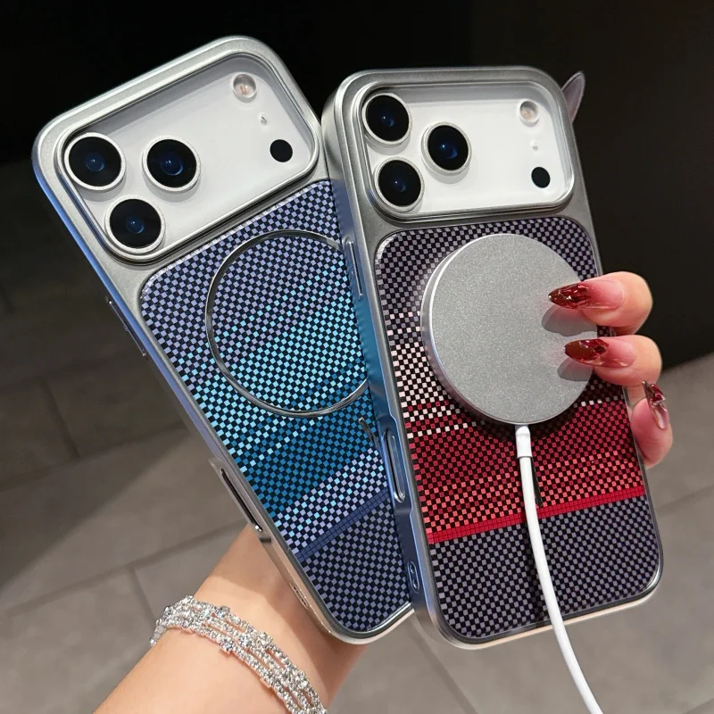 

For iphone 17 16 15 14 Pro Plus Max Air Case Plated Carbon Fiber Pattern Magnetic Camera Lens Protection Soft TPU Cover