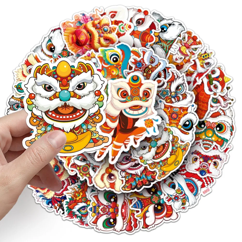 50Pcs Graffiti Stickers China Lion Dance Decorative Stickers Waterproof Decals Lion Dance Series Cartoon Sticker PVC Colorful