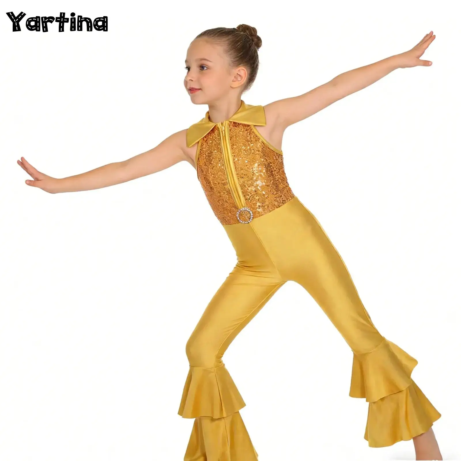 

Детский костюм для джазовых танцев для девочек: блестящий комбинезон с пайетками, диско-купальник, с молнией, с алмазным O-образным кольцом спереди, длинные брюки-клеш с оборками