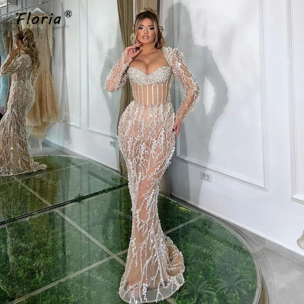 Gorgeous Full Pearls Lace Evening Dresses Long Sleeve Mermaid Corset Sweetheart Champange Wedding Party Gowns Formal Occasion