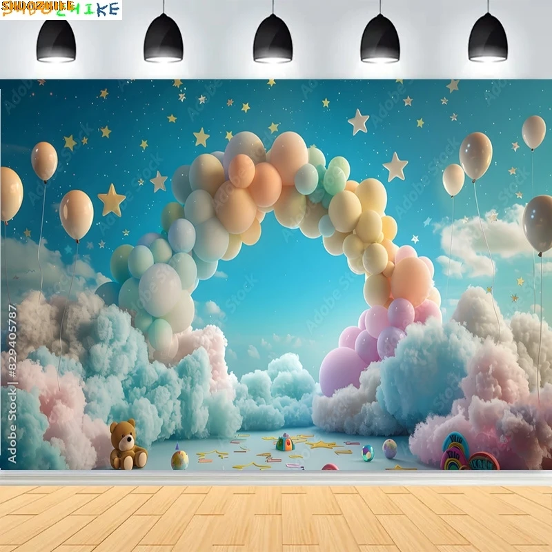 

Colorful Balloons Fluffy Clouds Twinkling Stars Photography Backdrops Kids Teddy Bear Birthday Party Photo Background CF-01