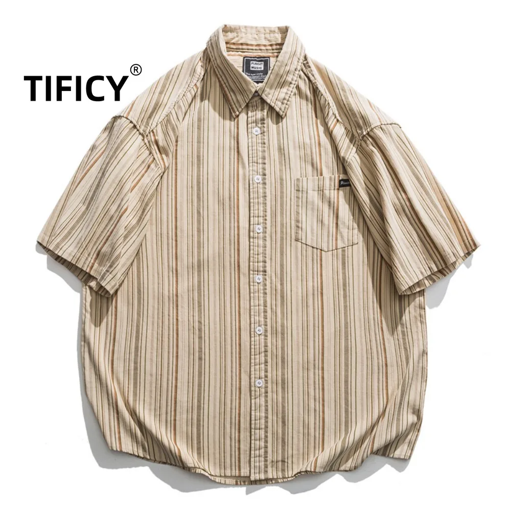 

Хлопковая повседневная рубашка с рукавом пять четвертей, мужская японская ретро художественная молодежная вельветовая полосатая рубашка с короткими рукавами, свободный крой