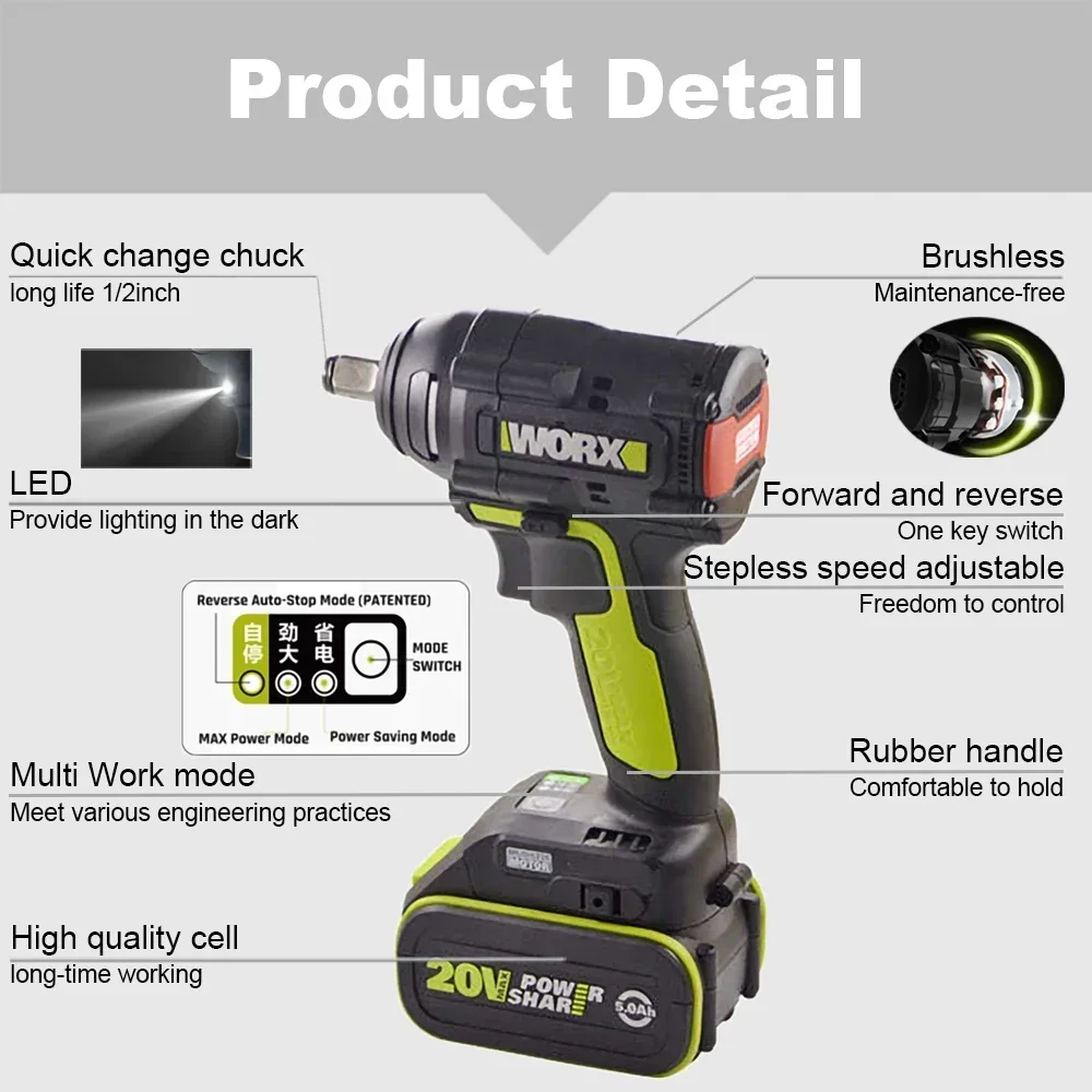 Worx WU279 Wireless Impact Wrench Rechargeable Brushless Auto Stop Reverse 360Nm 2900rpm 3800ipm Universal 20v Green Battery