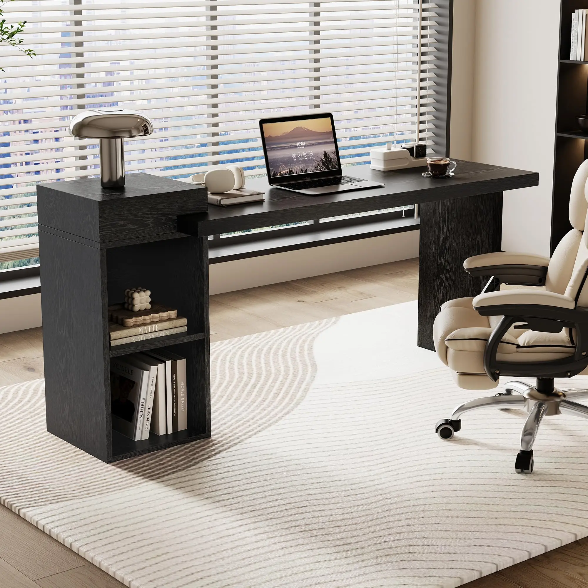 67 Inch Computer Desk with Storage Shelves｜Black Wood Grain Writing Desk for Home Office, Bedroom, Study, Long Laptop