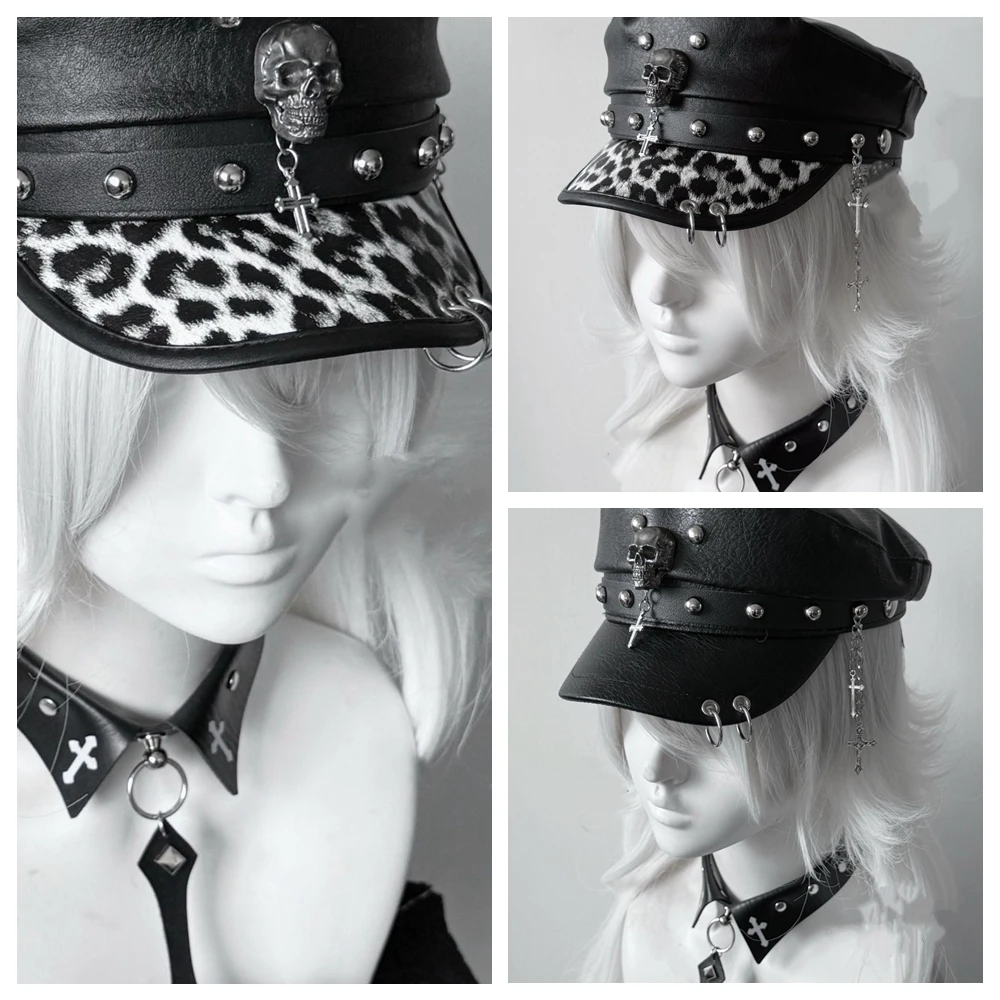 Punk Skull Cross Leopard Print Newsboy Hat Women Personality Belt Buckle Design Street Trend Versatile Retro Flat Top Berets Y2k