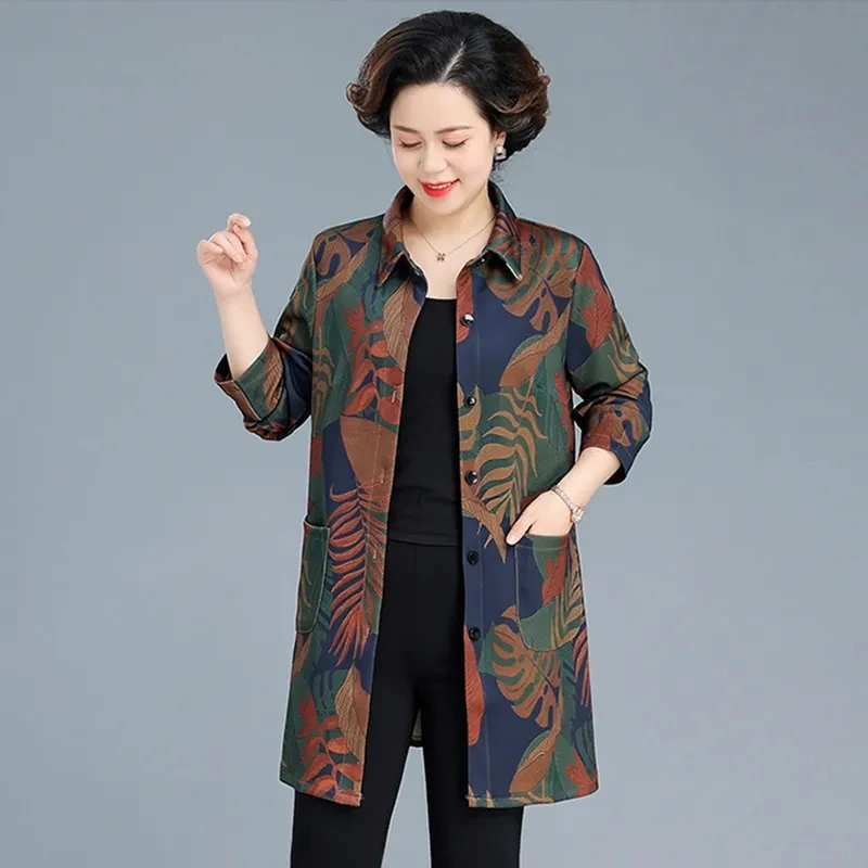 2025 primavera outono novo blusão feminino moda casaco impressão jaqueta de meia-idade idosa feminino meio blusão longo casaco