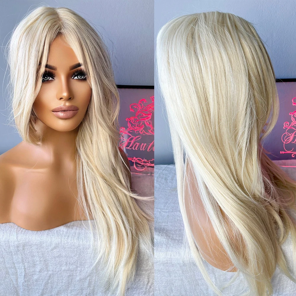 Peluca rubia Sexy para mujer, cabello largo en capas, flequillo con flecos 613, mezclas de cabello humano realista, encaje frontal recto