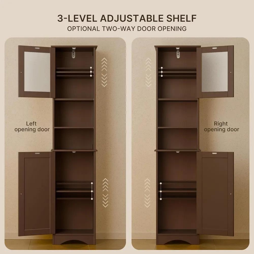 Armoire de rangement haute avec portes bidirectionnelles, tour de lin autoportante avec étagères réglables, armoire au sol