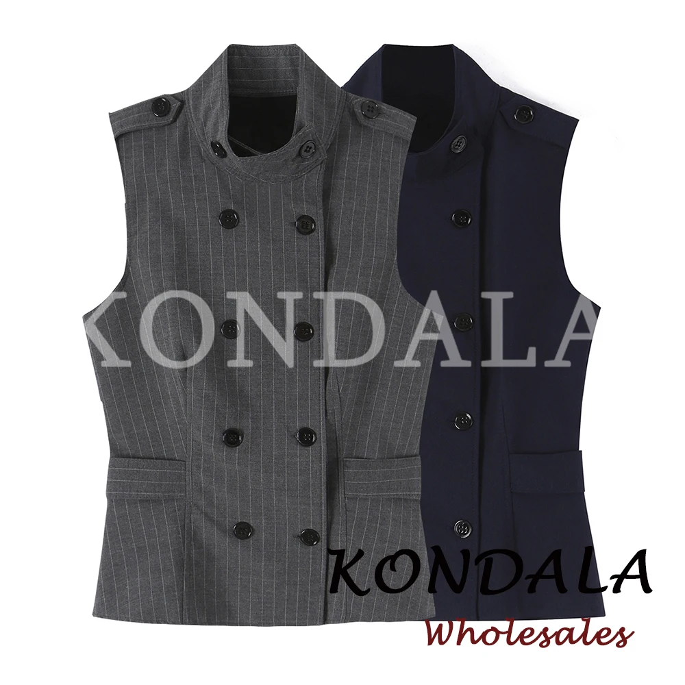 KONDALA Women 2026 Autumn Striped Folds Vest Vintage Slim Double Breasted Casual Streetwear Sleeveless Female Fashion Cool Top