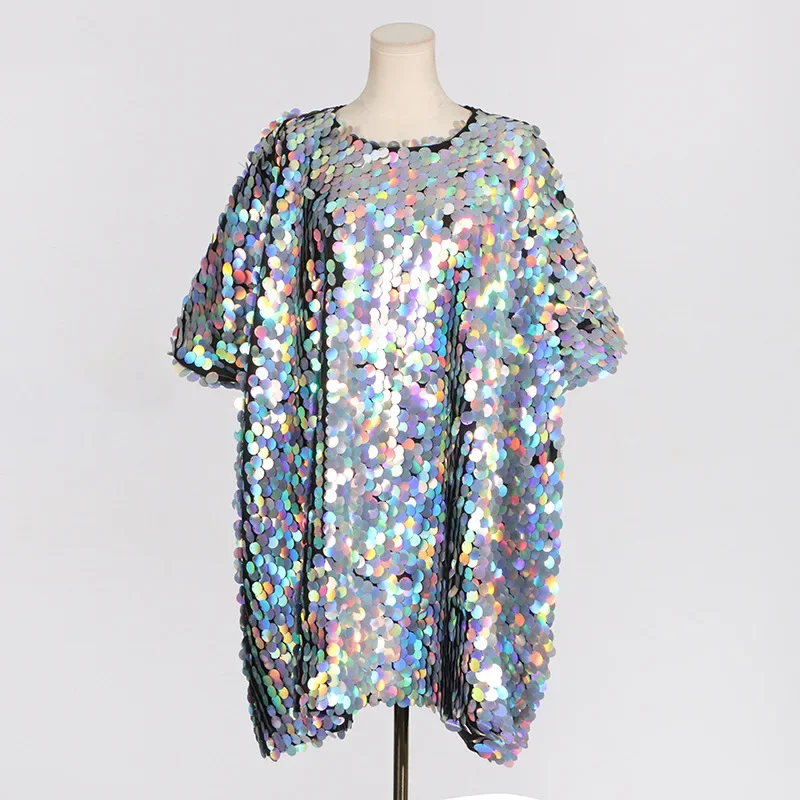 

Women Loose Short Dress Shiny Silver Sequins Nightclub Prom Birthday Party Dress Bar Singer Dancer Stage Performance Costume