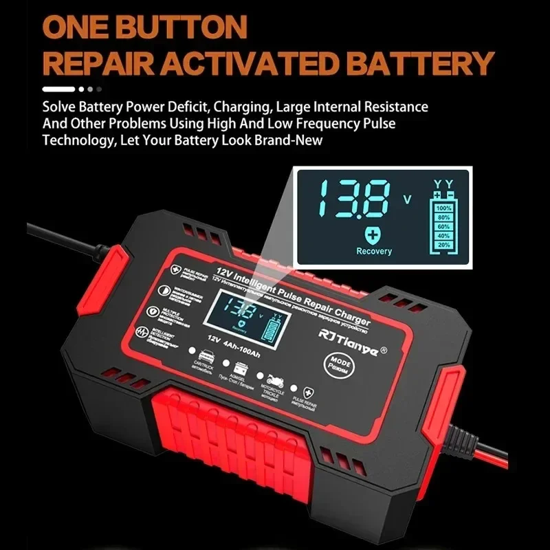 

Hot Sell Car Battery Charger 12V 6A Touch Screen Pulse Repair LCD Fast Power Charging Wet Dry Lead Acid Digital LCD Display