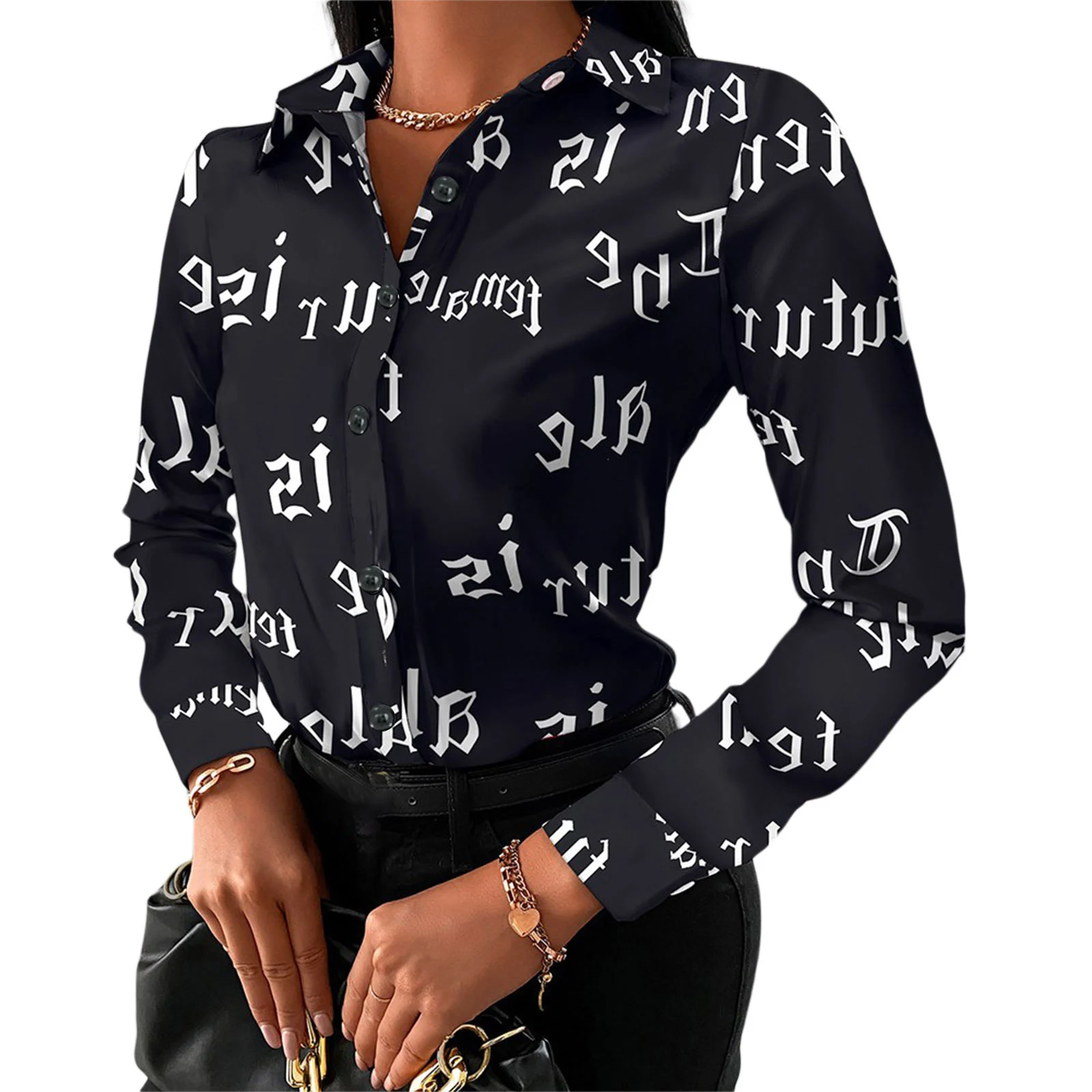 Women Fashion Wild Shirts Chain/Floral/Letter/Geometric Square Print Turn-Down Collar Long Sleeve Blouses Streetwear