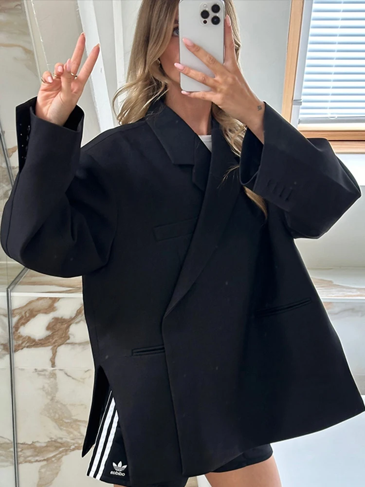 

Pop Chic Lapel Covered Button Suit Jacket For Women Elegant Loose Long Sleeves Office Coat Fashion Ladies High Street New Outerw