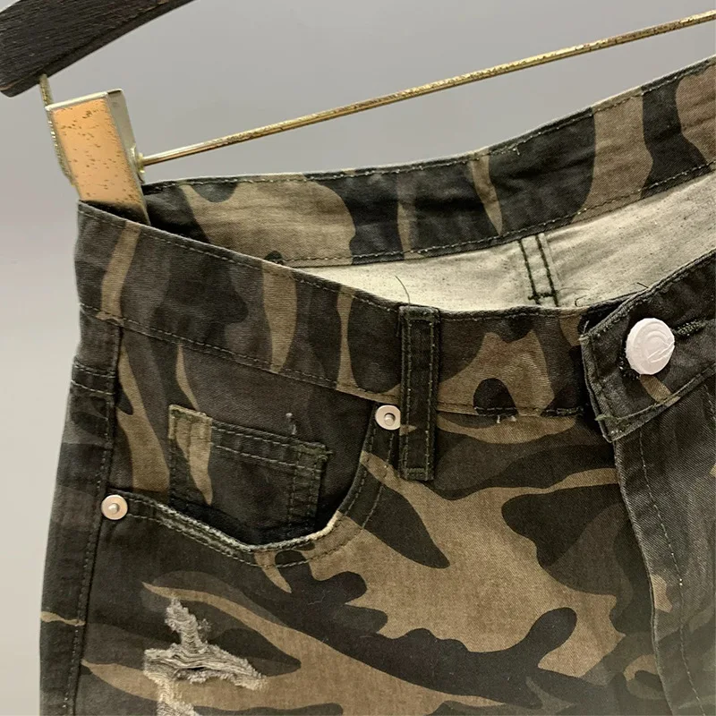 American Style Low Waist Camouflage Denim Shorts Women Retro Ripped Hole A-Line Wide Leg Shorts Trend Casual Spicy Girl Hot Pant