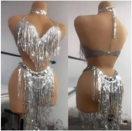 Women Sexy Halter Fringes Bra + Shorts Sparkling Silver Sequin Tassel Bikini Sets Nightclub DJ Pole Dance Stage Outfit Sets