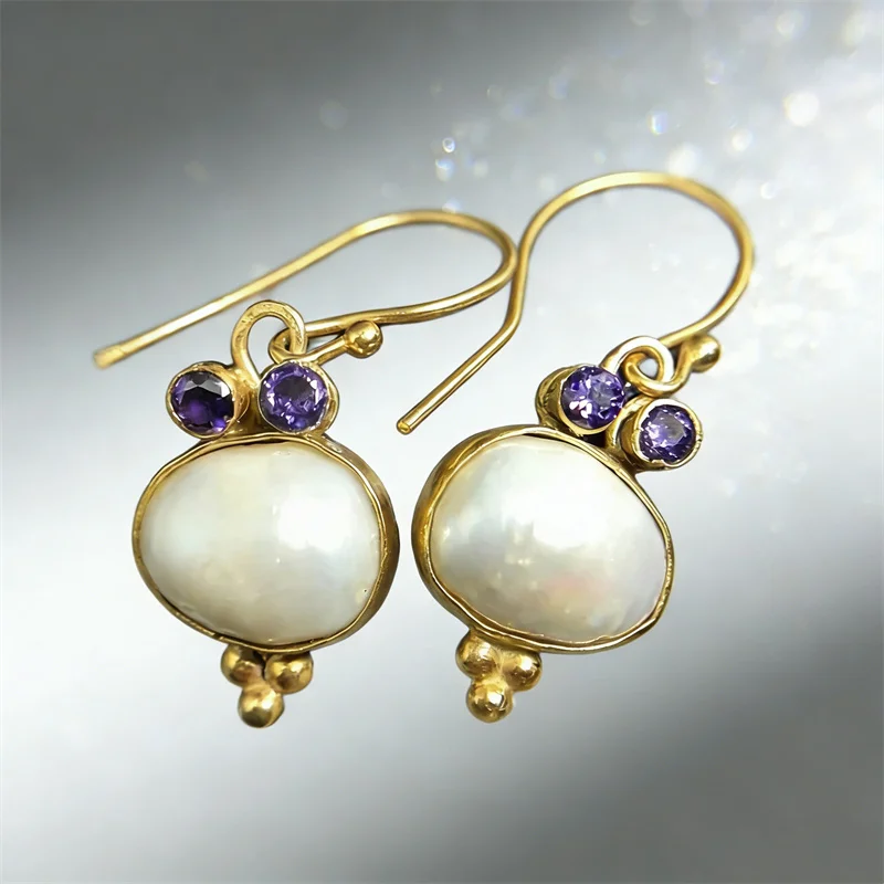 Vintage Oval Inlaid White Stone Earrings Classic Gorgeous Gold Color Metal Purple Zircon Dangle Earrings Jewelry