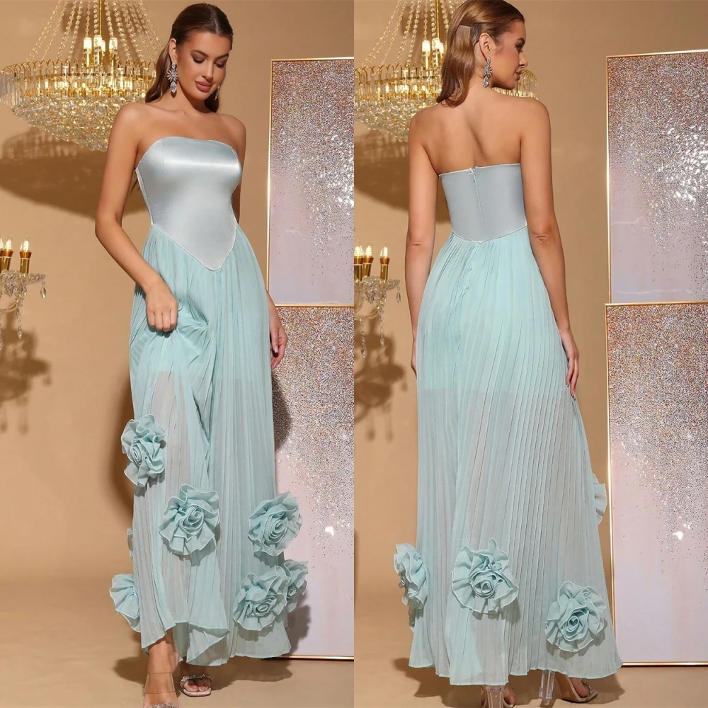 

Customized Delicate Chiffon Strapless Evening Dress Fashion Flowers Prom Dresses Simple Sleeveless Special Occasion Gowns