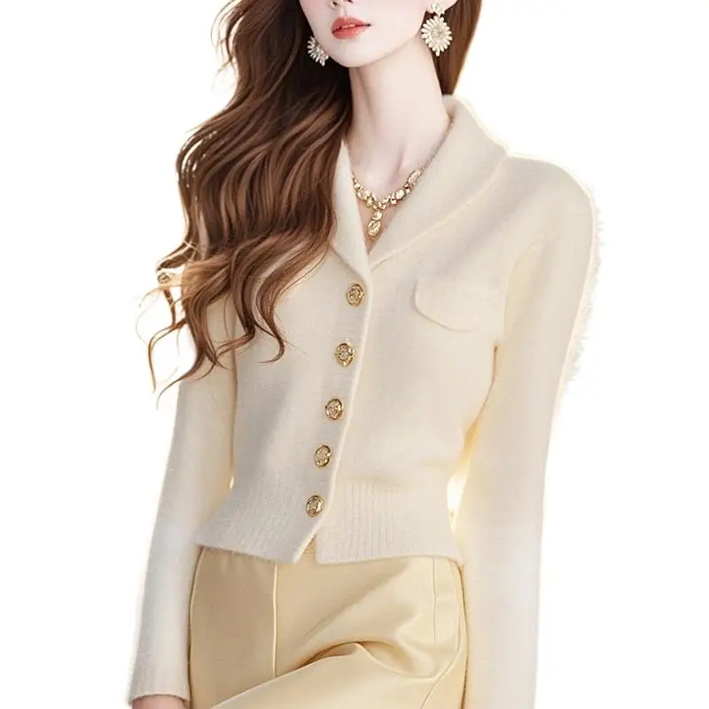 BOWEYLUN Autumn Long Sleeve Sweater Coat Top Women Spring Fashion French Style Premium Slimming Apricot Knit Cardigan Girls