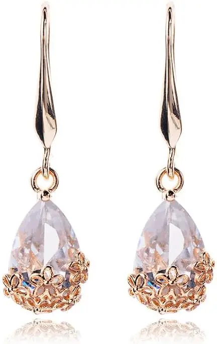 1 Pair Gold Women's Teardrop Shaped Crystal Pendant with Plum Blossom Flower Bottom Frame Earrings