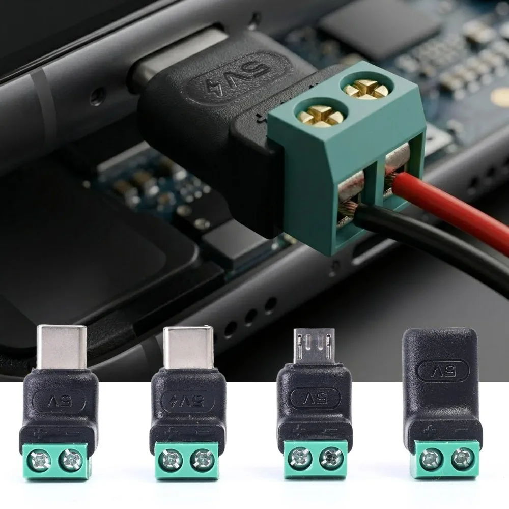 1-5Pcs 5V Crimp Terminal Block Green Data Transfer Charging Connector 5V Solderless Plug USB C To 2Pin Terminal Adapter Screw
