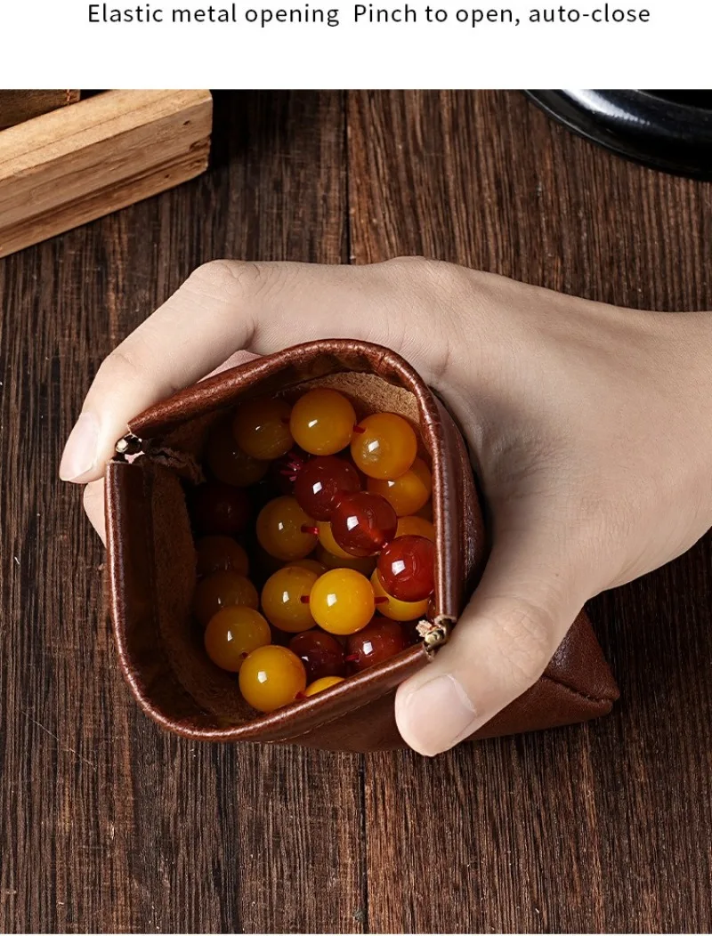 3 Size Options Genuine Leather Squeeze Coin Purse, Automatic Closing Jewelry Pouch, Multi-Size Mini Storage Bag for Small Items